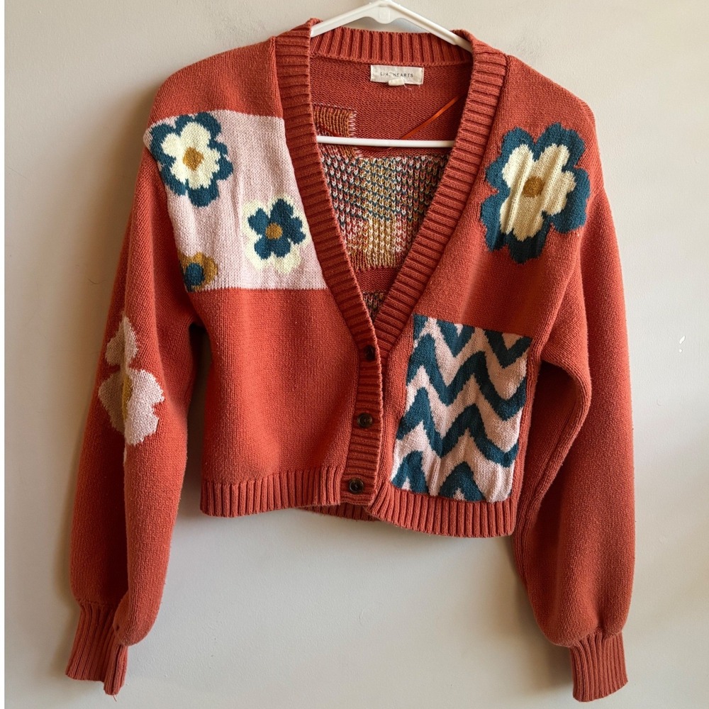 LA Hearts Orange Patchwork Cardigan Women XS